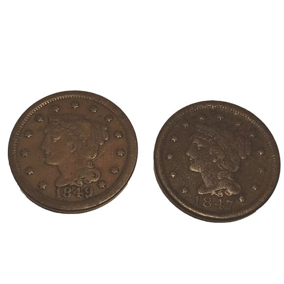 1847&1849 Braided hair Large Cent Copper US Coins Circulated US Currency/Money - Picture 2 of 9